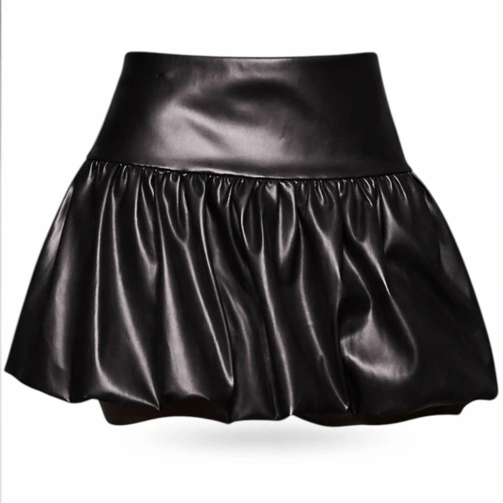 LELIS Faux Leather Bubble Mini Skirt‎ Black High Waist Clubwear Y2K Size L